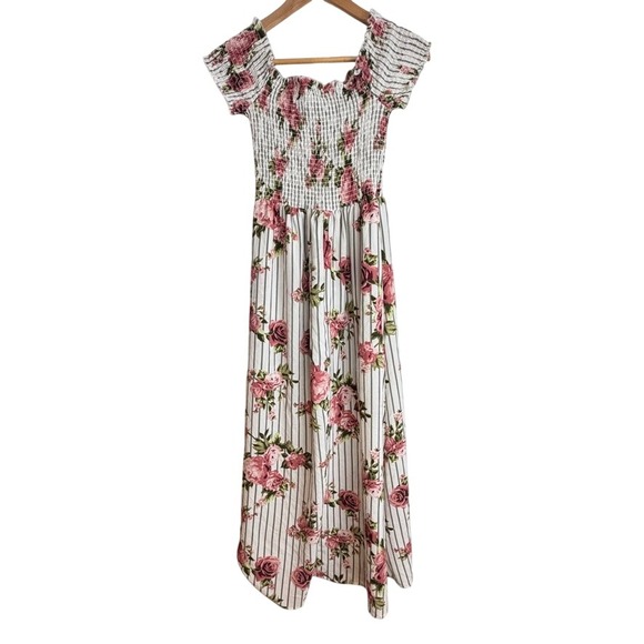 For Justice Romper Maxi Dress White Black Stripe Floral Smocked Off Shoulder L - Picture 7 of 12